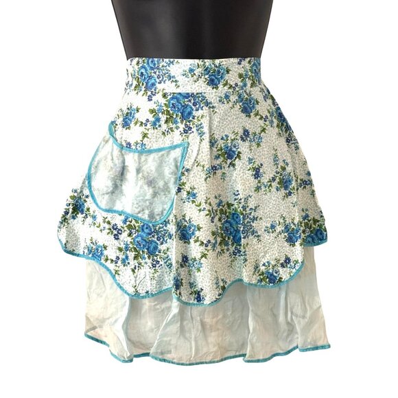 Vintage Blue Floral Sheer Half Apron With Pockets - Picture 2 of 4